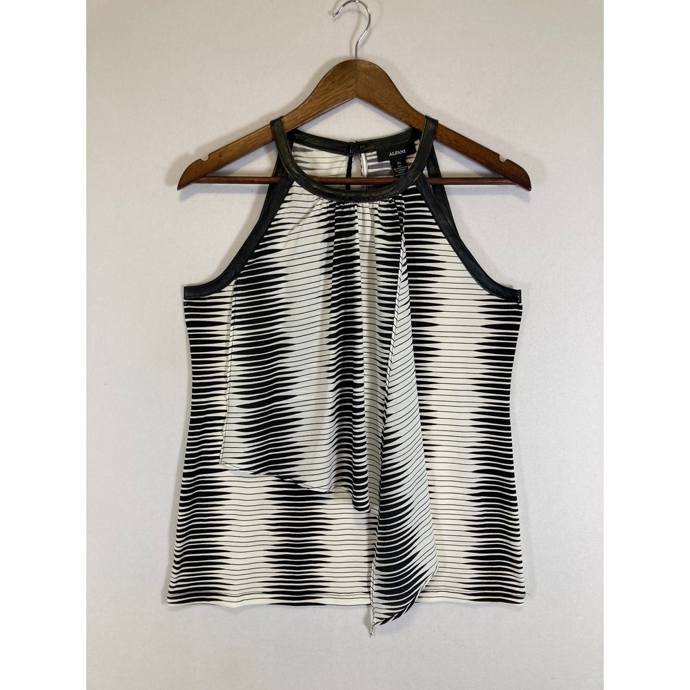 Modernist Alfani Women XS Black White Geometric Faux‎ Leather Trim Halter Blouse